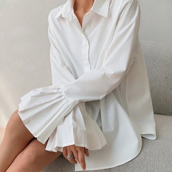 White Casual Women's Korean Shirt With Ruffled Cuffs - Picture 3 of 6